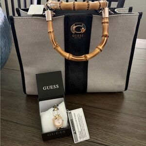 GUESS Black and Cream Tote with Bamboo Handle